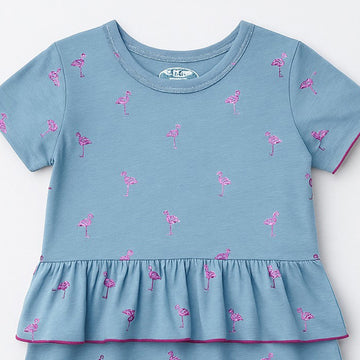 SKY BLUE SWAN PRINT HALF SLEEVES FROCK FOR GIRLS